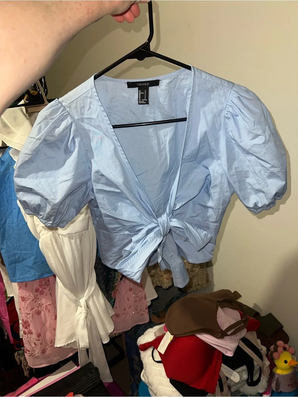 Forever 21 Poplin Light Blue Bow-Front Puff Sleeve Crop Top